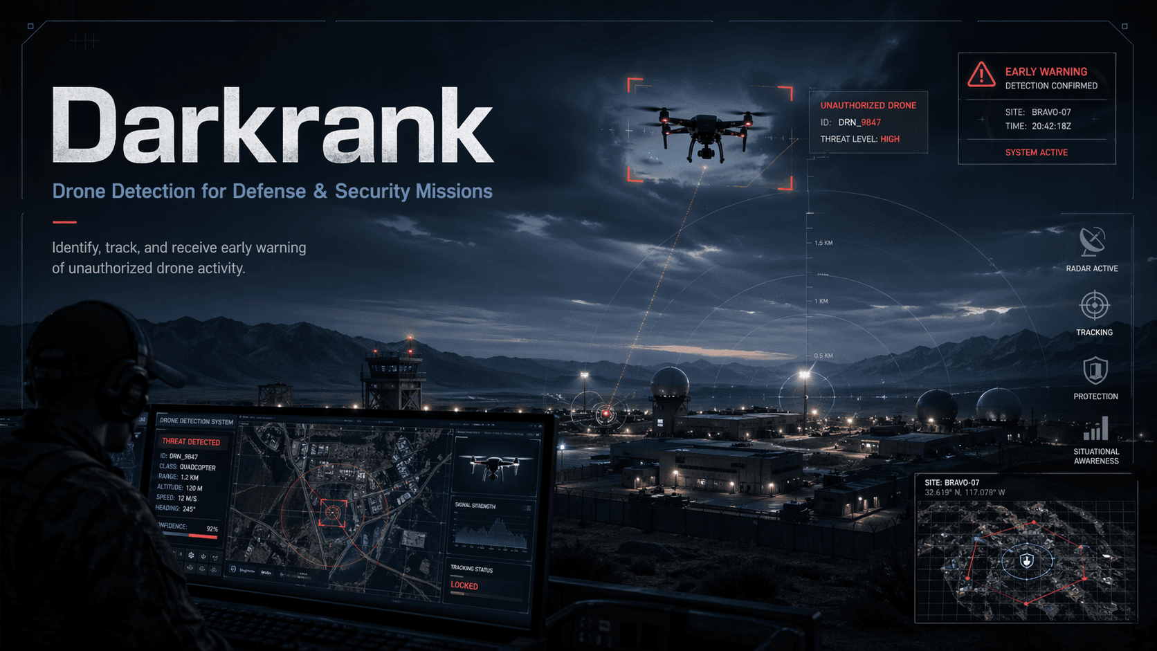 Darkrank drone-detection platform view showing a detected unauthorized drone over a protected site.