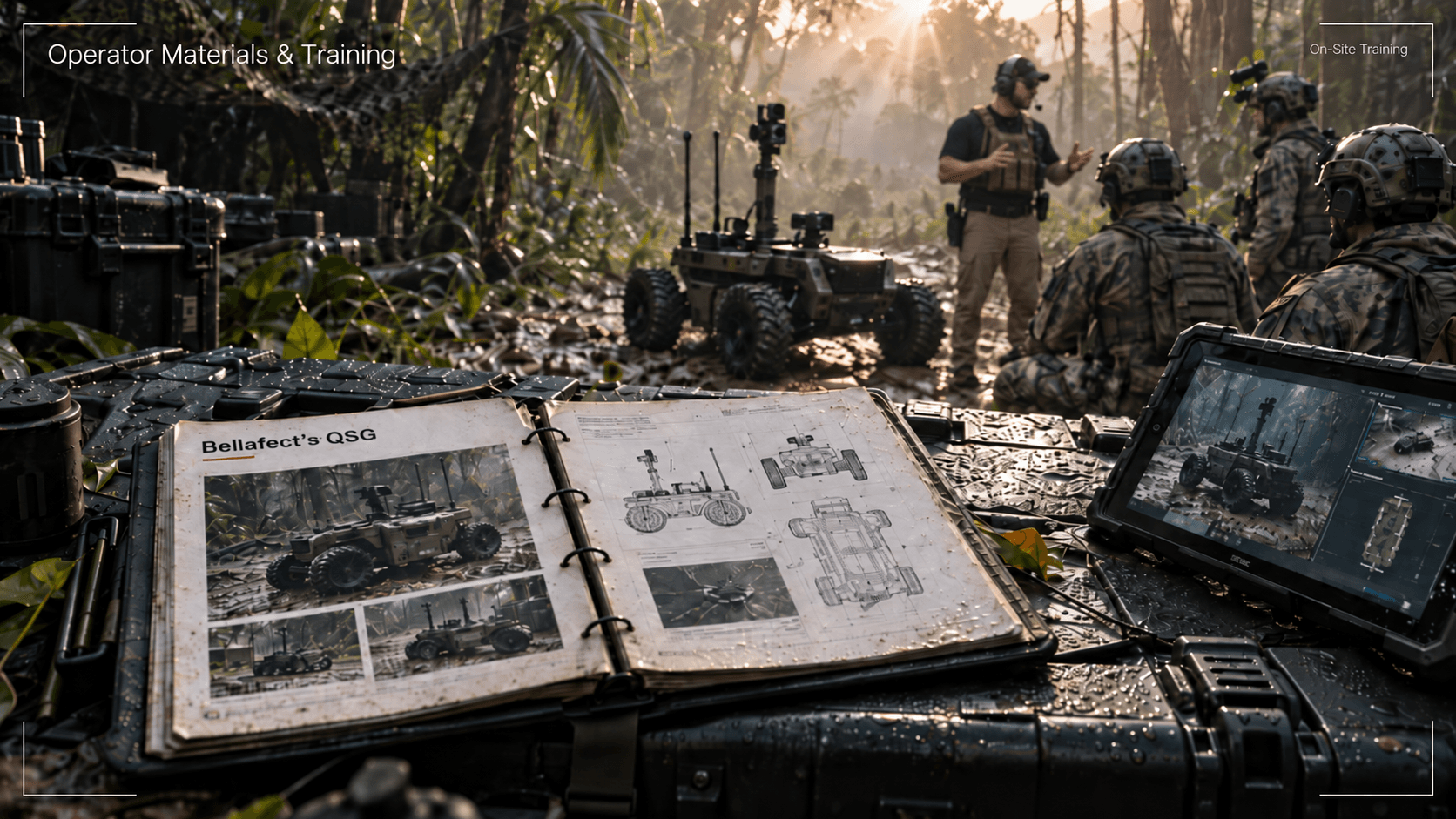 Operator training in the field with equipment, a tablet, and an open quick-reference manual.