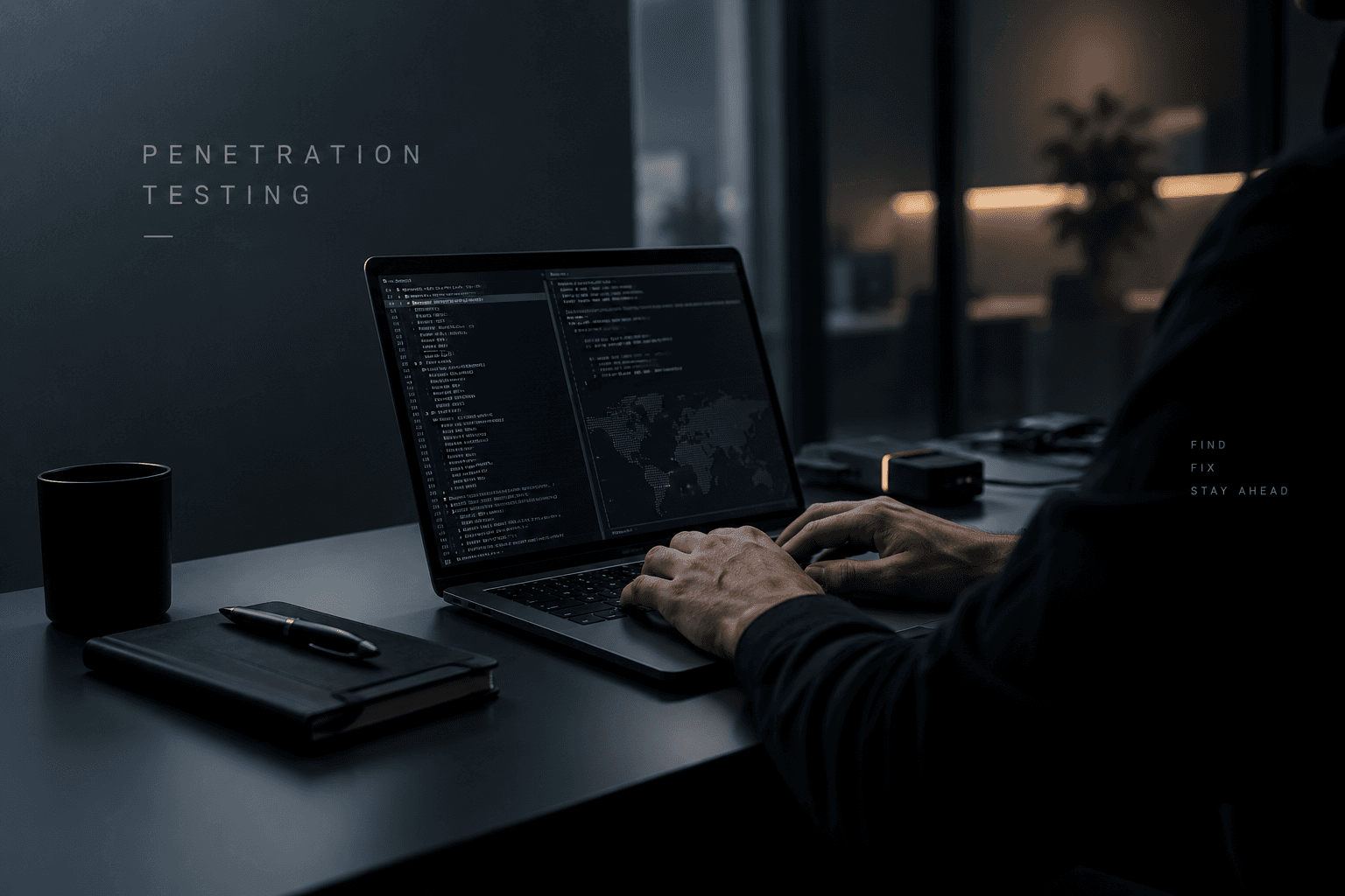 Penetration testing workspace with an analyst working at a laptop.