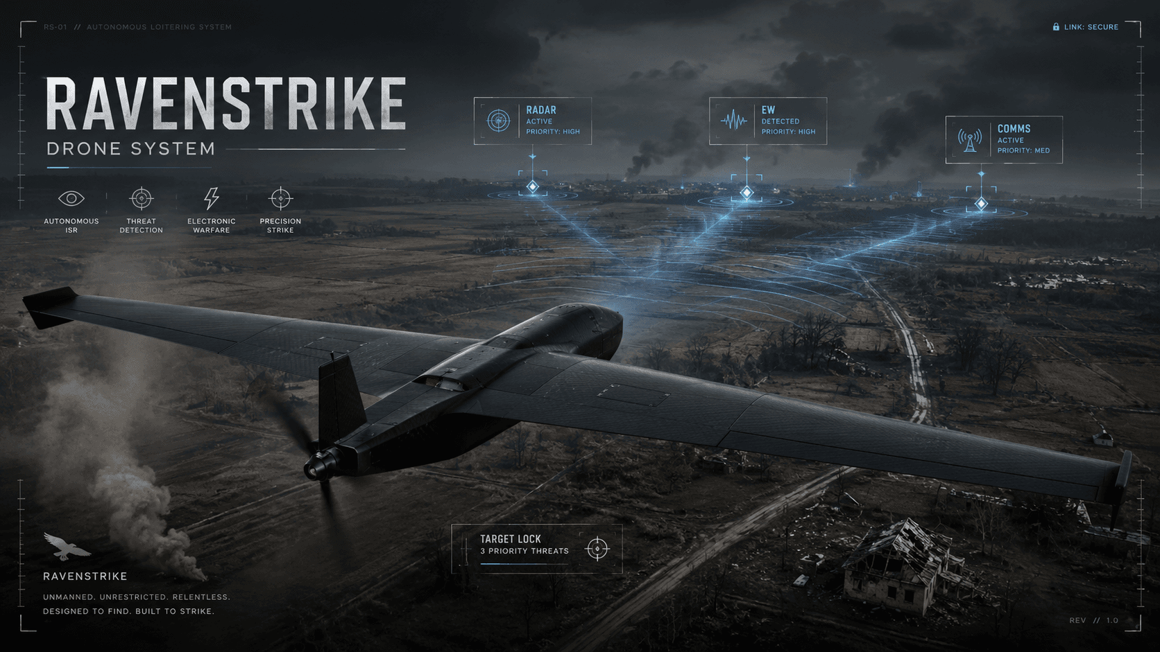 RavenStrike unmanned aerial platform concept flying over a contested electromagnetic environment.