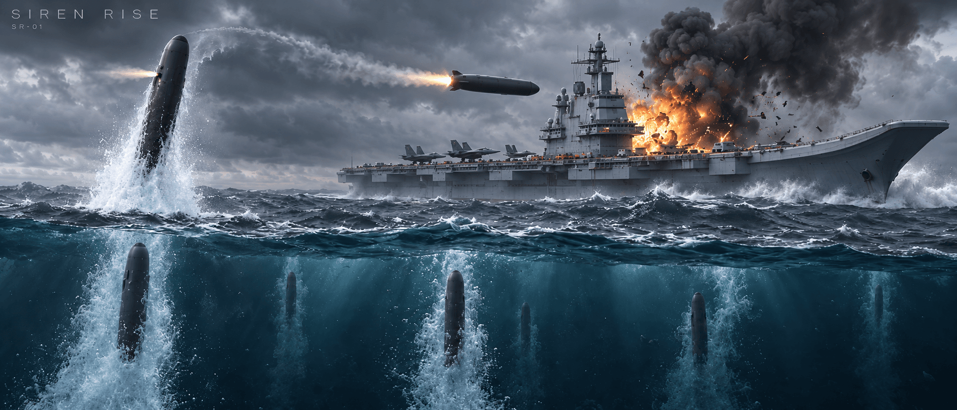 Siren Rise concept illustration showing submerged strike systems emerging from the sea near a surface ship.