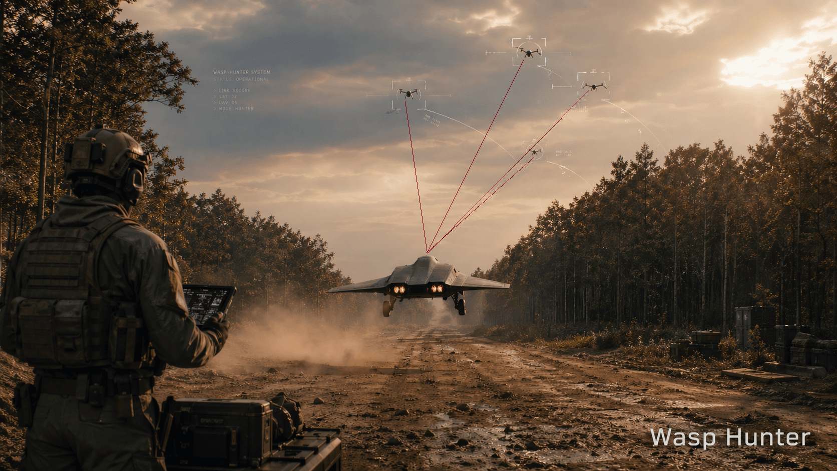 WASP-HUNTER counter-UAS concept aircraft shown in flight profile render.