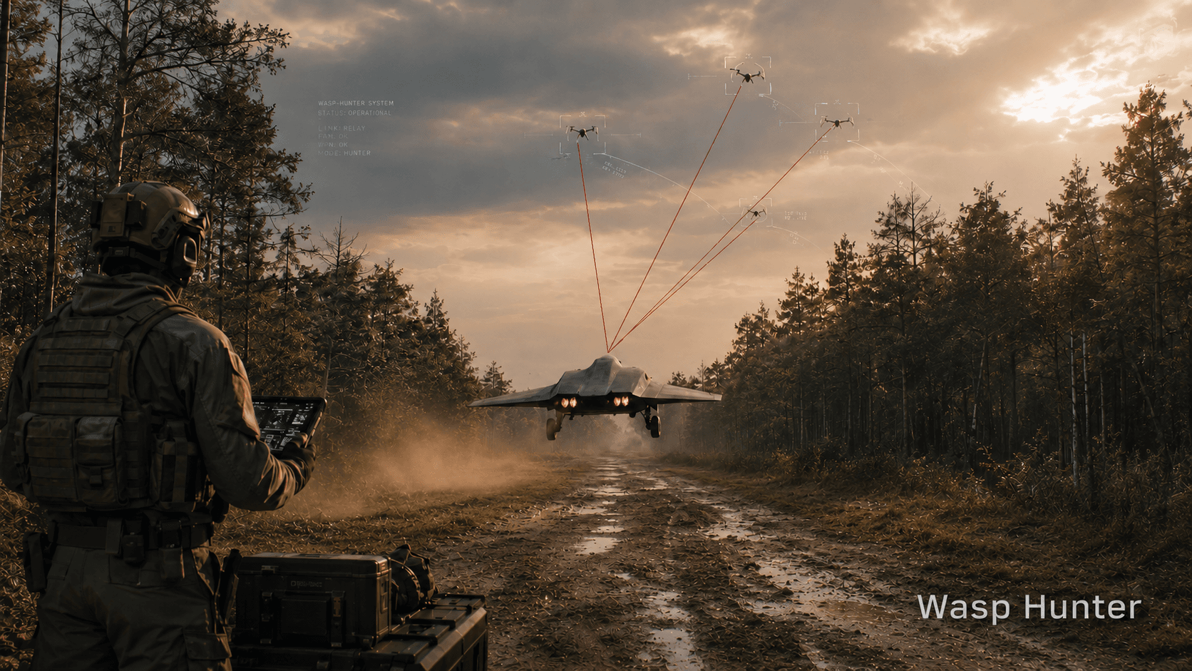 WASP-HUNTER counter-UAS concept aircraft shown in flight profile render.